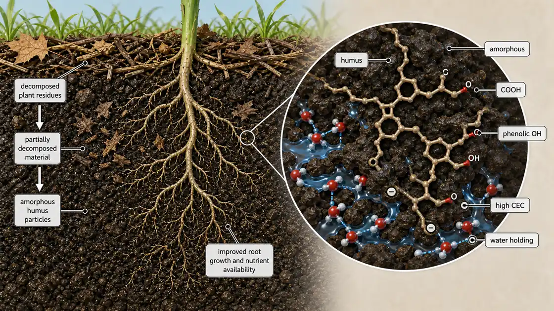Humus as an organic colloid showing decomposed residues turning into amorphous humus particles with carboxyl and phenolic groups, high cation exchange capacity, and water holding