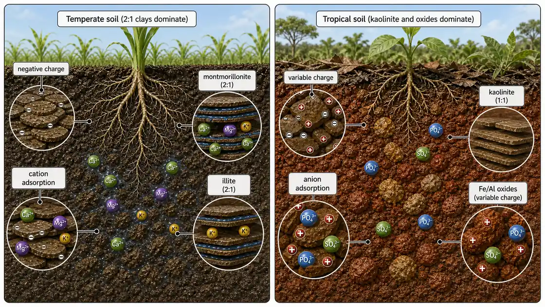 Charge distribution in temperate and tropical soils showing cation adsorption on 2:1 clays and anion adsorption on kaolinite and iron aluminum oxides