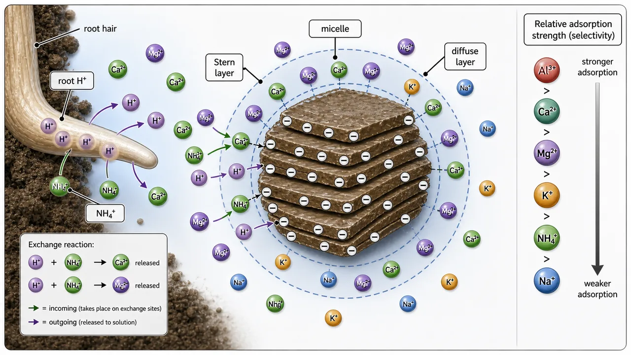 Cation exchange mechanism showing a negatively charged clay micelle, Stern and diffuse layers, root hydrogen exchange, ammonium replacing calcium, and relative adsorption strength of major cations