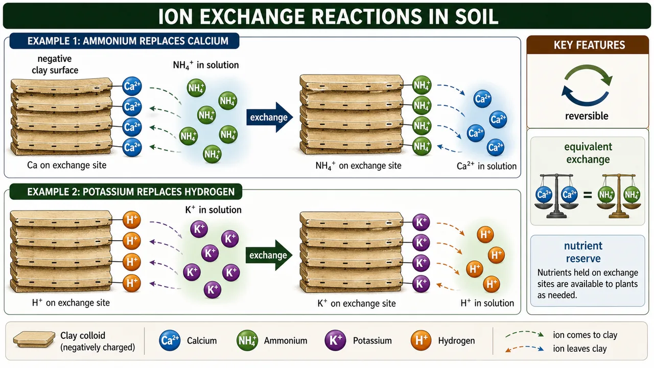 Ion exchange reactions showing ammonium replacing calcium on negatively charged clay surfaces and reversible nutrient exchange in soil colloids