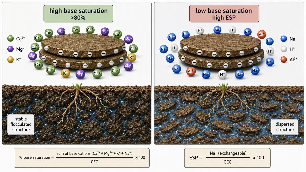 Base saturation and exchangeable sodium percentage showing a base-rich exchange complex with stable flocculated structure versus a sodium and acid dominated exchange complex with dispersed structure
