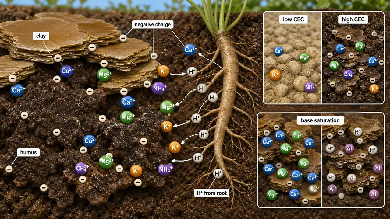 Soil nutrient bank visual showing clay and humus holding cations while roots exchange hydrogen ions to absorb nutrients