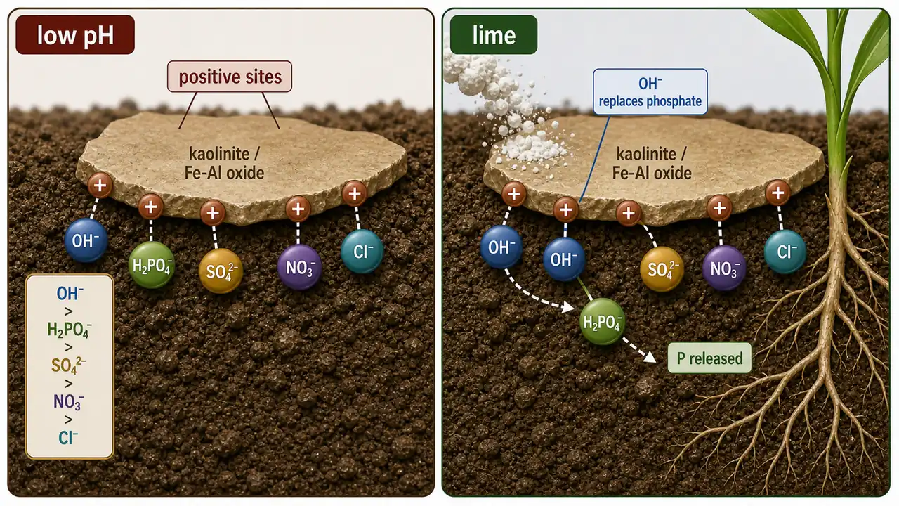 Anion exchange in acid soil showing OH minus strongest adsorption, phosphate fixation on positive kaolinite and iron aluminium oxide surfaces, and liming releasing phosphate toward roots
