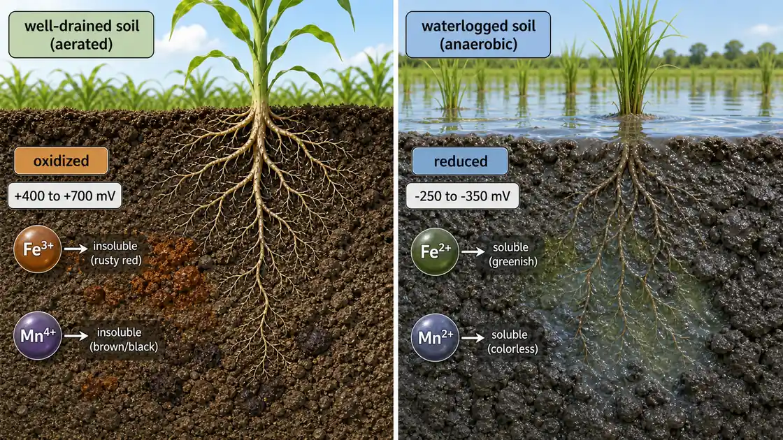 Redox potential in well-drained and waterlogged soils showing oxidized high-Eh conditions with Fe3+ and Mn4+ versus reduced low-Eh conditions with Fe2+ and Mn2+