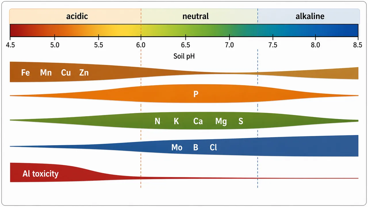 Soil pH and nutrient availability chart showing acidic, neutral, and alkaline ranges with phosphorus availability peaking near pH 6 to 7.5 and micronutrients more available in acidic conditions