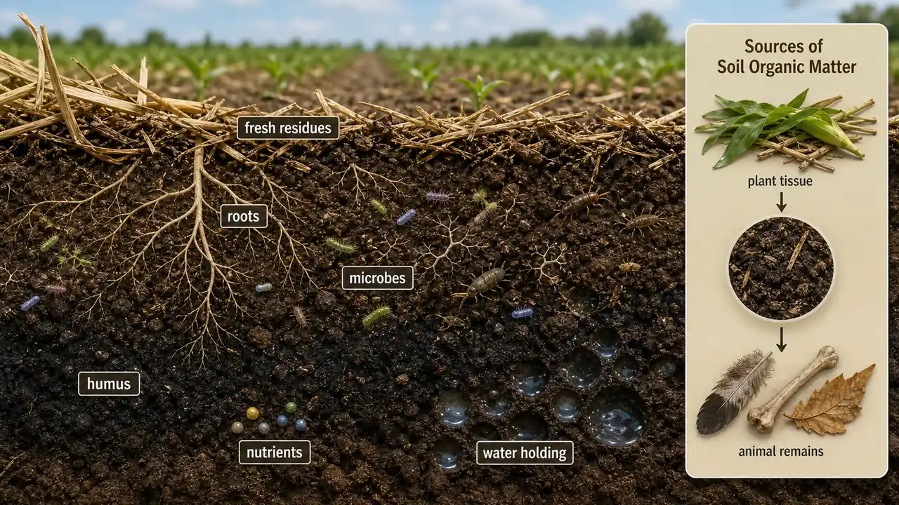 Soil organic matter in soil profile showing fresh residues, roots, microbes, humus, nutrients, and water-holding pores
