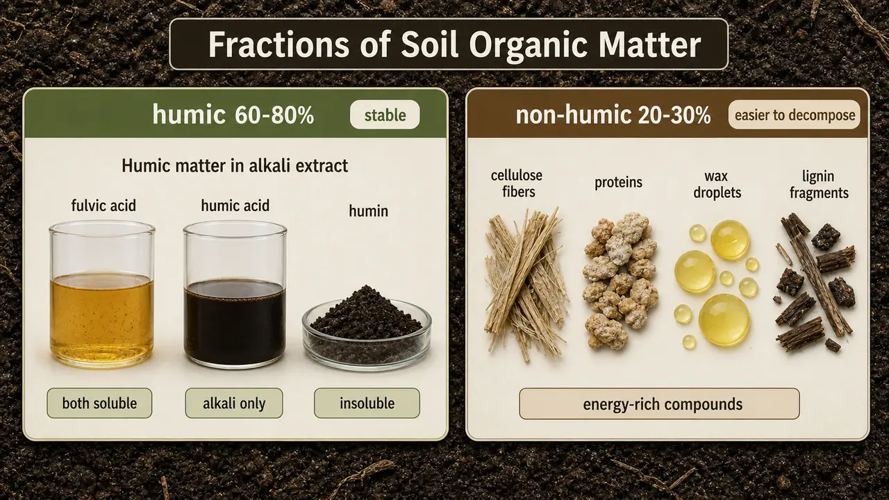 Fractions of soil organic matter showing humic and non-humic groups with fulvic acid, humic acid, and humin
