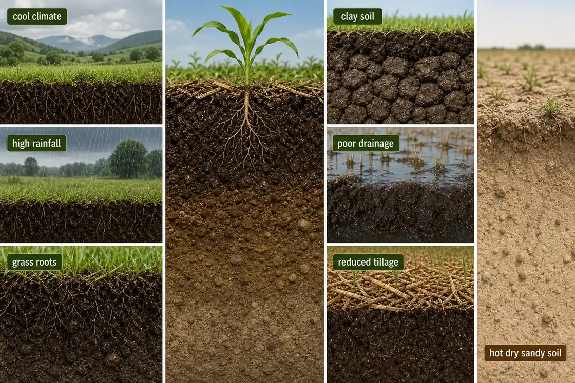 Factors affecting soil organic matter showing cool climate, high rainfall, grass roots, clay soil, poor drainage, reduced tillage, and hot dry sandy soil