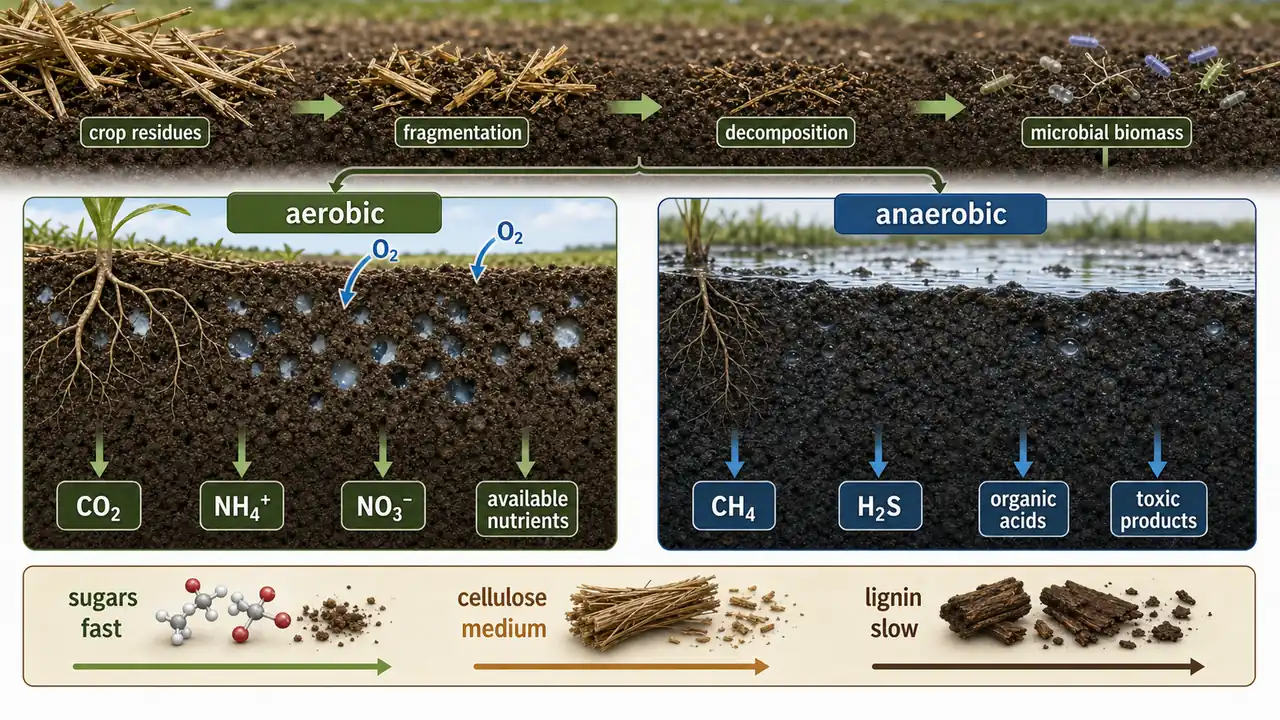 Decomposition of soil organic matter showing residue breakdown, aerobic and anaerobic products, and fast to slow decomposition of sugars, cellulose, and lignin