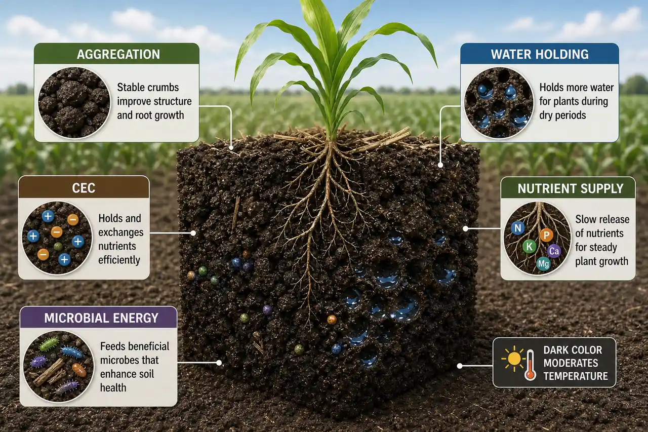 Role of soil organic matter in agriculture showing aggregation, water holding, cation exchange capacity, nutrient supply, microbial energy, and temperature moderation