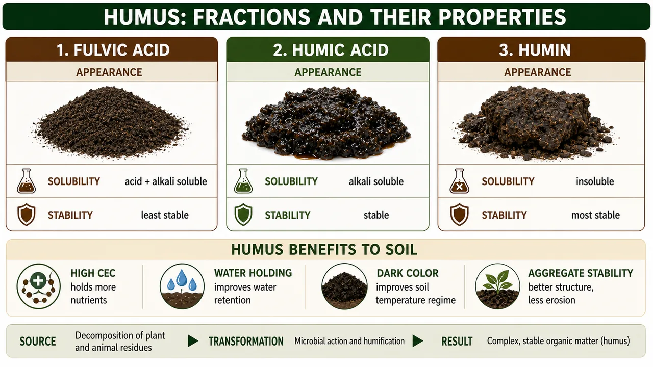 Humus fractions showing fulvic acid, humic acid, and humin with their solubility and stability properties