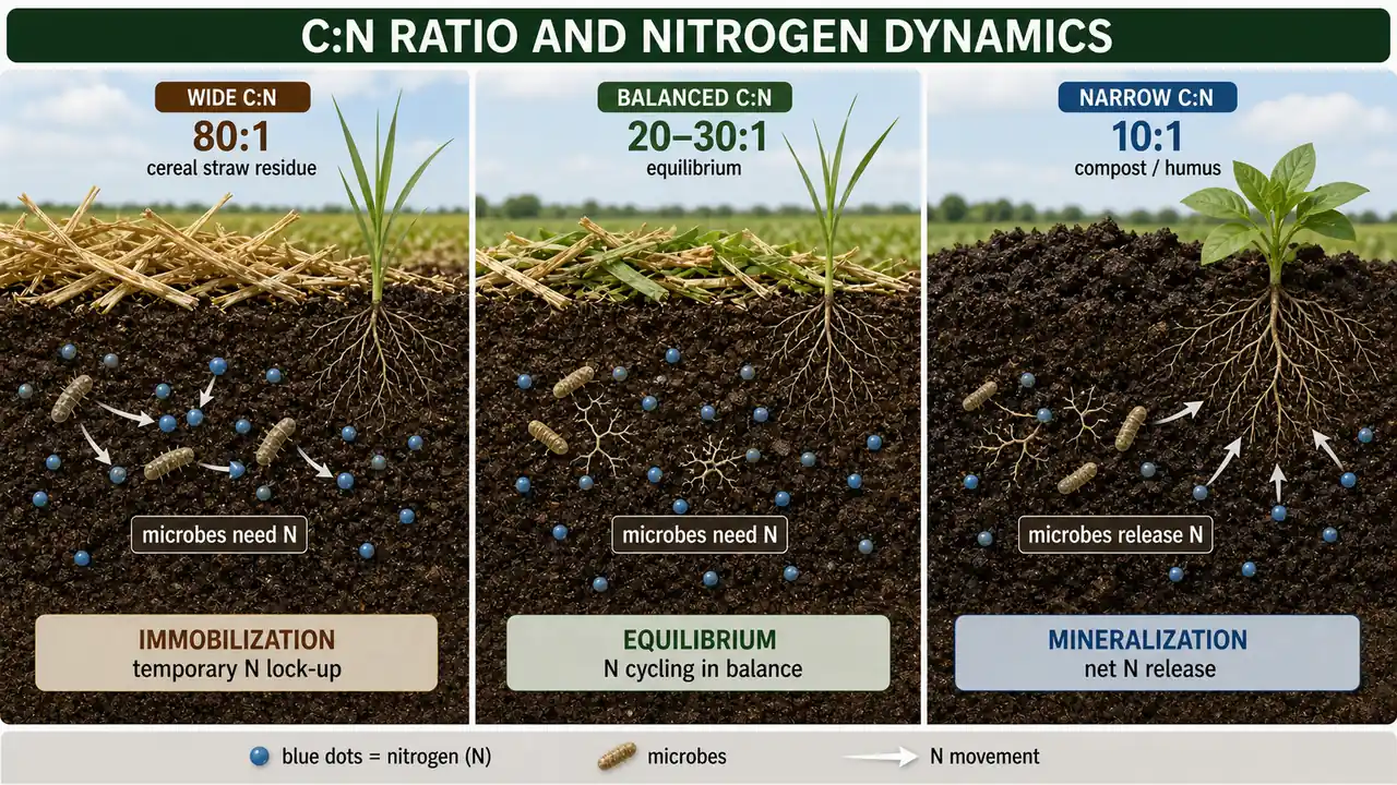 C to N ratio and nitrogen dynamics comparing wide, balanced, and narrow residues with immobilization, equilibrium, and mineralization