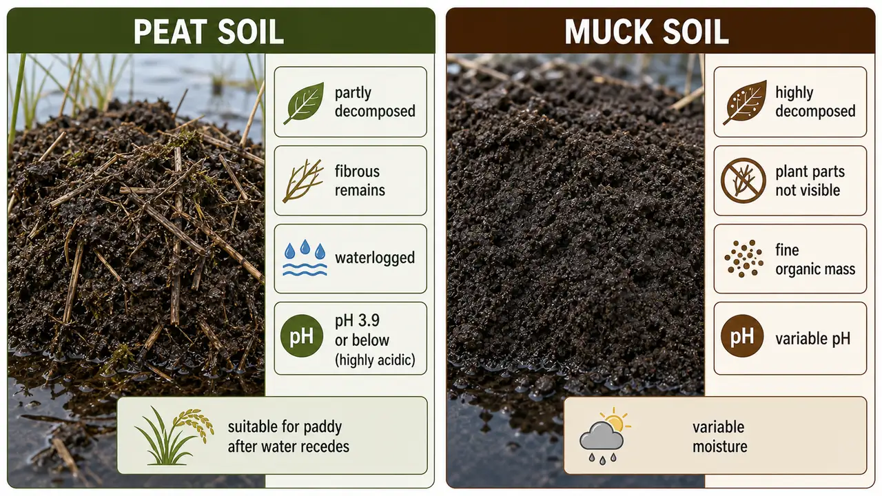 Peat soil versus muck soil comparison showing fibrous partly decomposed waterlogged peat against highly decomposed fine organic muck