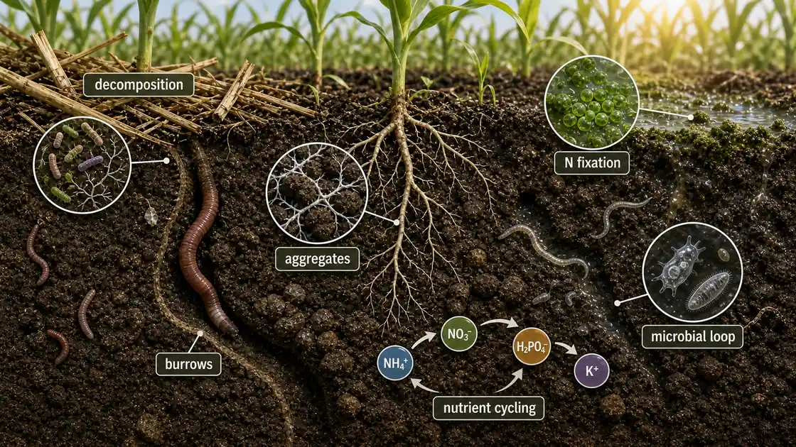 Living agricultural soil cross-section showing microorganisms and fauna driving decomposition, nitrogen fixation, nutrient cycling, aggregate formation, burrowing, and the microbial loop