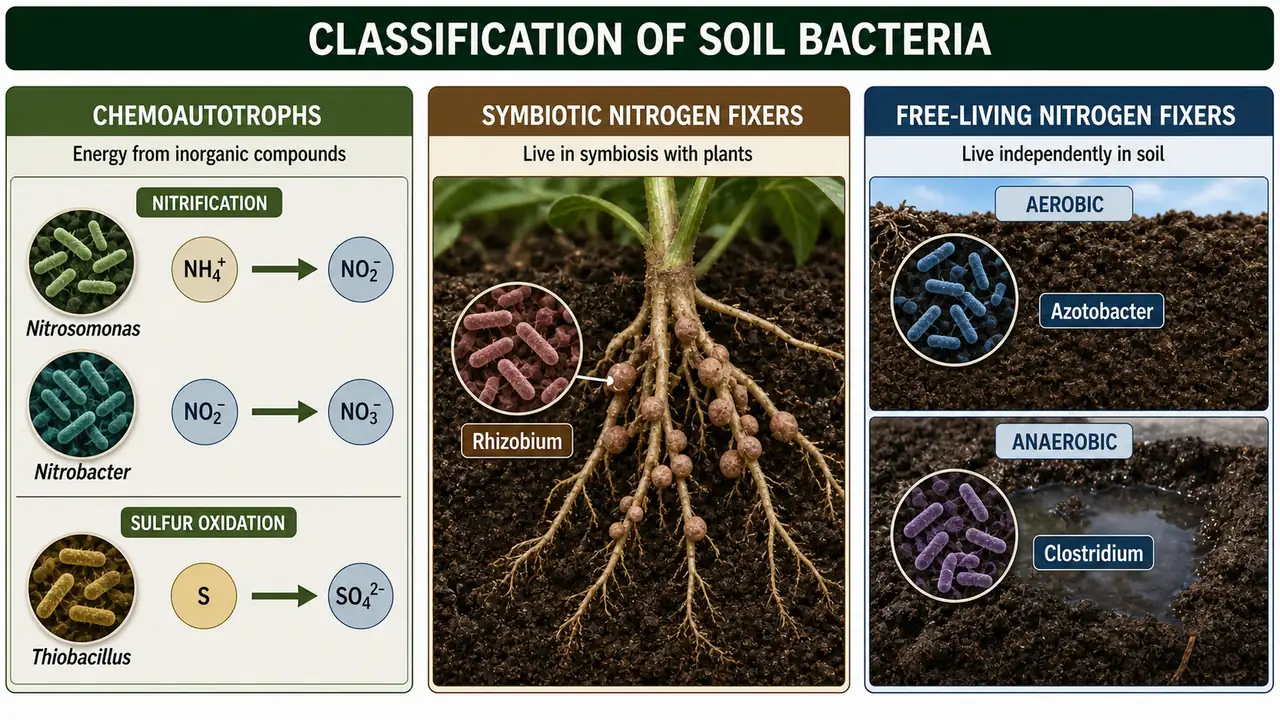 Classification of soil bacteria showing chemoautotrophs, symbiotic nitrogen fixers, and free-living nitrogen fixers with key examples
