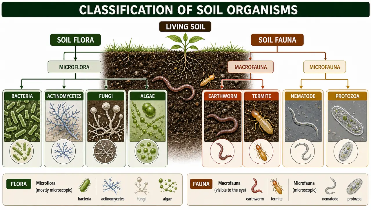 Classification of soil organisms into soil flora, macrofauna, and microfauna with common examples