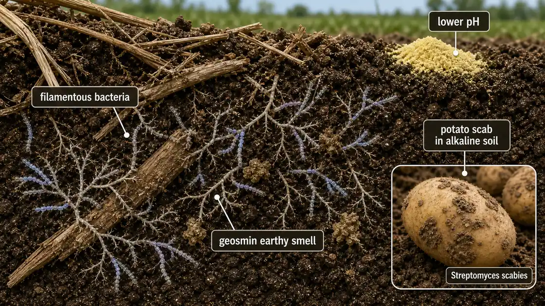 Actinomycetes in soil showing filamentous bacterial threads, earthy geosmin smell, and potato scab in alkaline soil controlled by lowering pH
