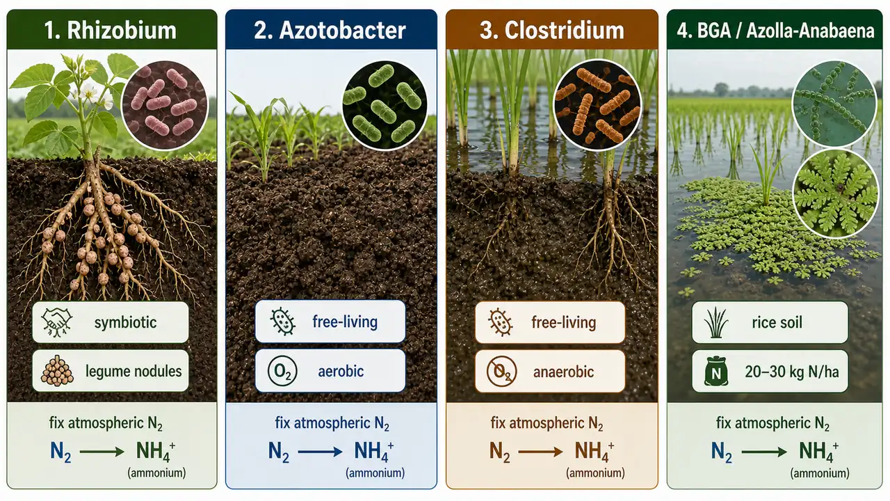 Major agricultural nitrogen fixers comparison showing Rhizobium in legume nodules, Azotobacter as a free-living aerobic fixer, Clostridium as a free-living anaerobic fixer, and BGA Azolla-Anabaena in rice soils