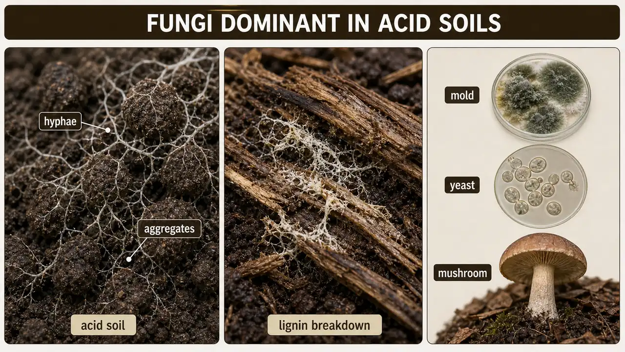 Fungi dominant in acid soils showing hyphae binding aggregates, lignin breakdown on residues, and mold, yeast, and mushroom forms