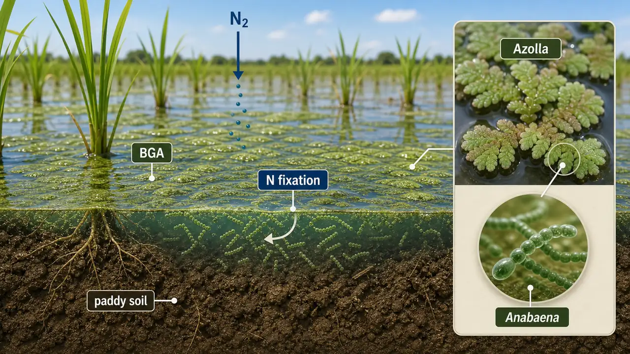 Blue-green algae in flooded rice soil showing BGA nitrogen fixation and Azolla-Anabaena association in paddy fields