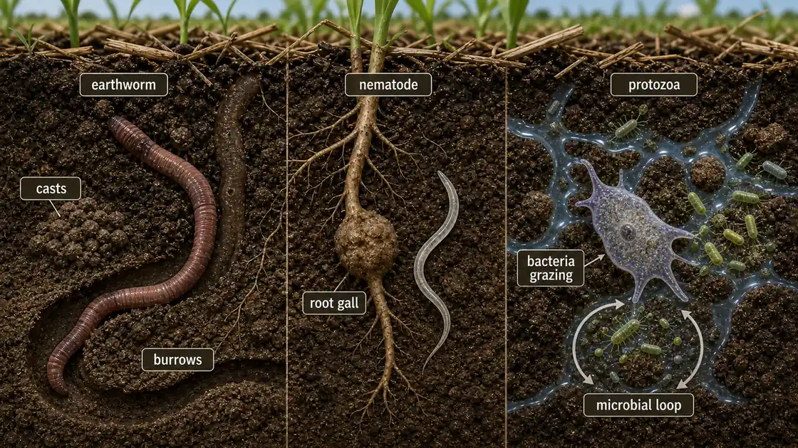 Soil fauna comparison showing earthworm castings and burrows, nematode root gall, and protozoa grazing on bacteria in the microbial loop