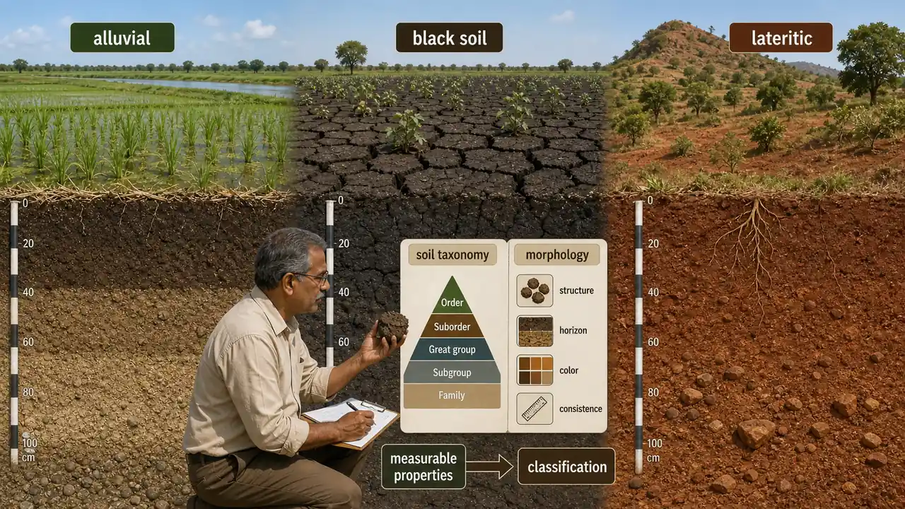 Soil taxonomy overview comparing alluvial, black, and lateritic soils with classification by measurable soil morphology