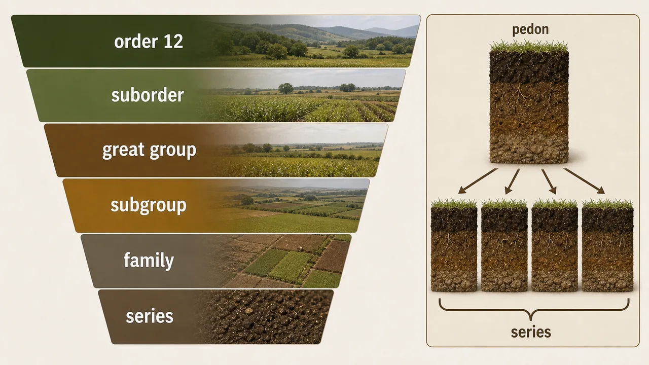 Six hierarchical categories of soil taxonomy from order to series with pedon and series relationship