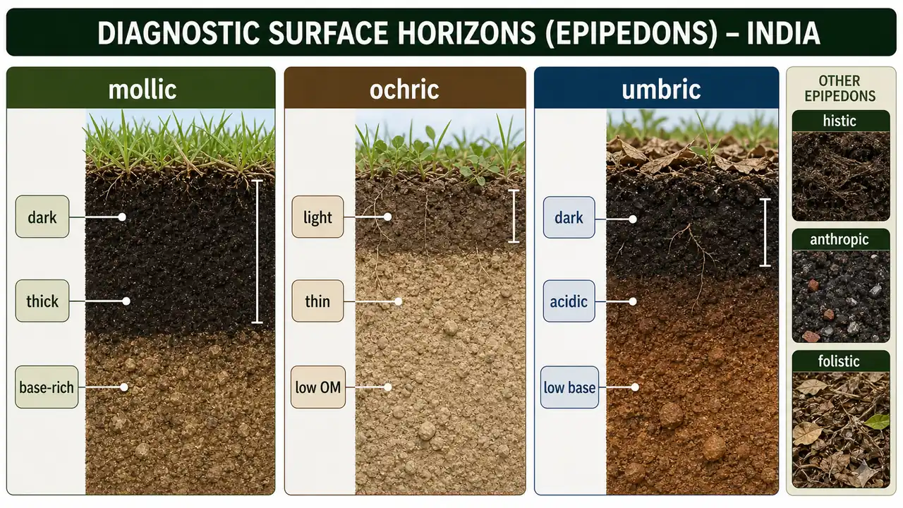 Diagnostic surface horizons showing mollic, ochric, and umbric epipedons with their key visual traits