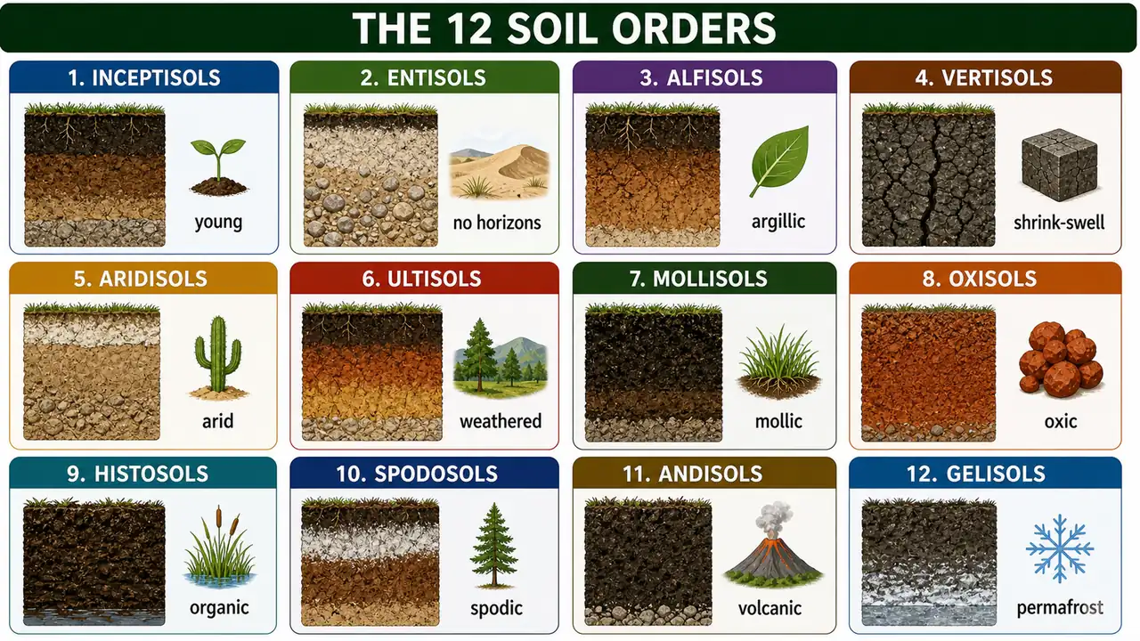 The 12 soil orders of USDA taxonomy shown with profile appearance and one key identifying feature