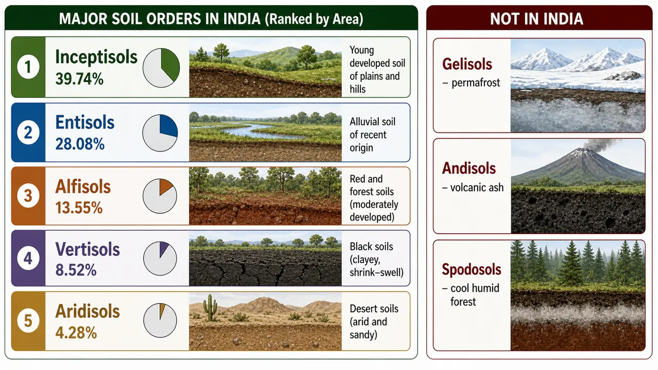 Major soil orders in India ranked by area alongside Gelisols, Andisols, and Spodosols that are not found in India