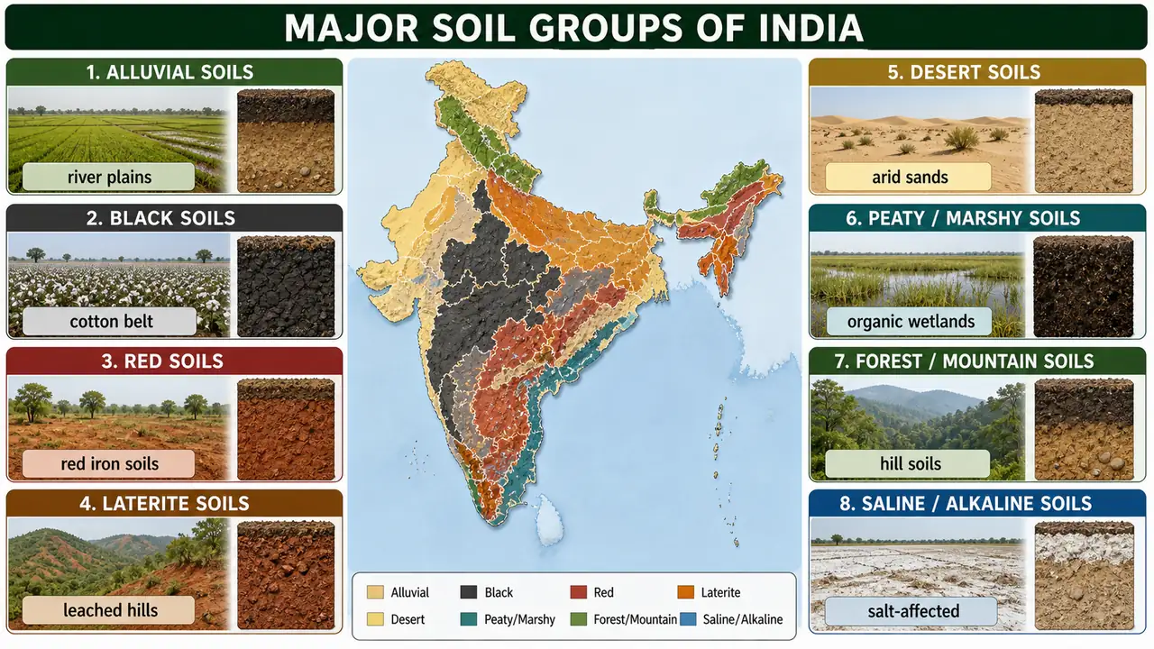 Major soil groups of India map with alluvial soils and other regional soil types linked to field scenes and profiles