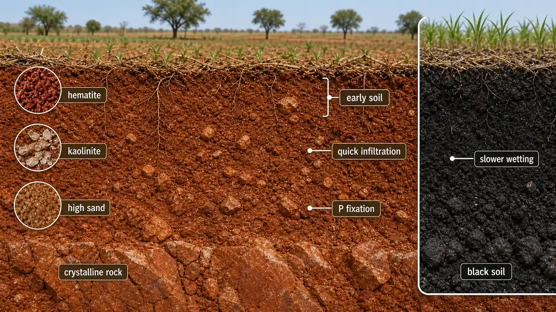 Red soils of India showing hematite-rich red profile, kaolinite, high sand content, quick infiltration, and early-soil comparison with black soil