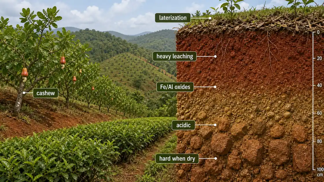 Laterite soil on humid hillside showing laterization, heavy leaching, iron and aluminium oxides, acidity, hardening on drying, and cashew suitability