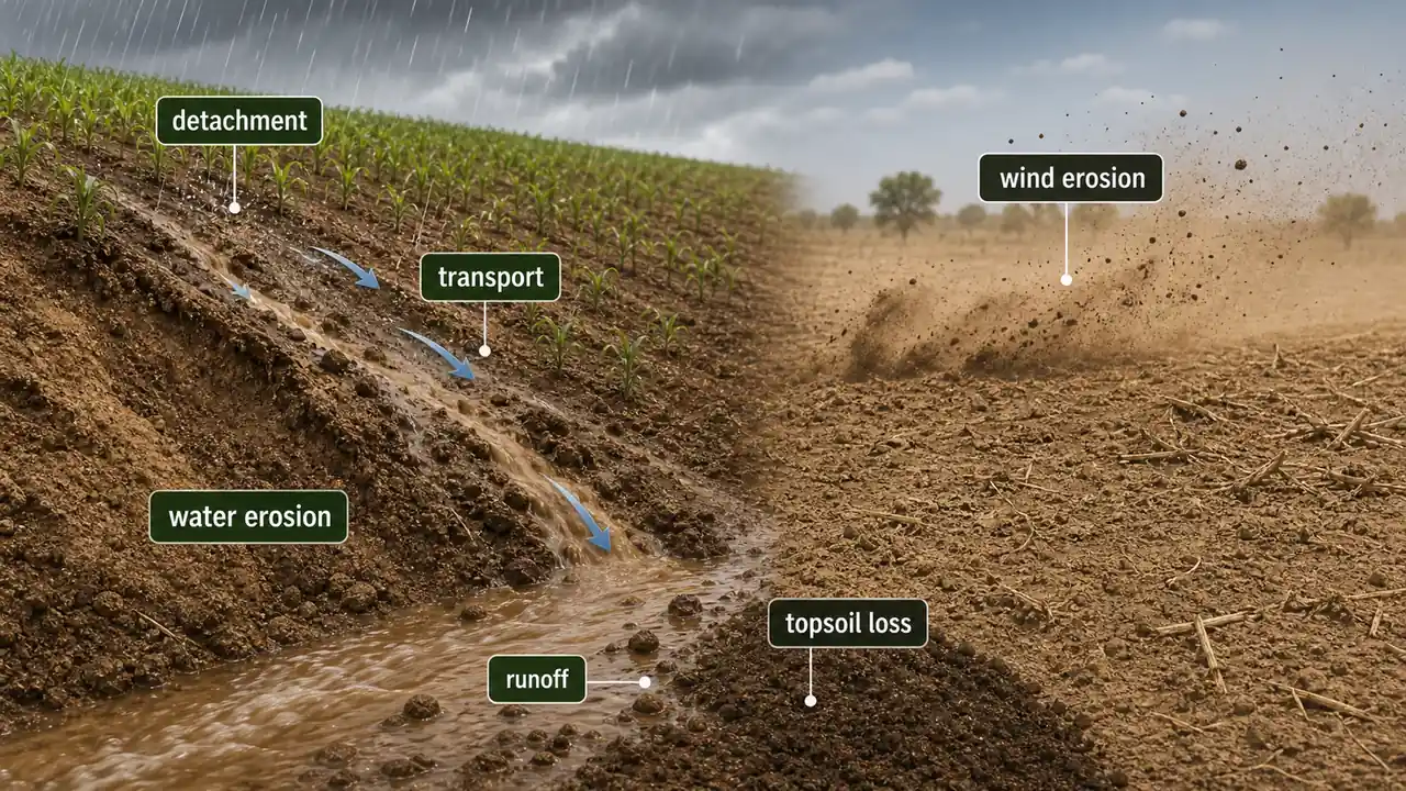 Soil erosion overview showing detachment and transport of topsoil by water erosion and wind erosion