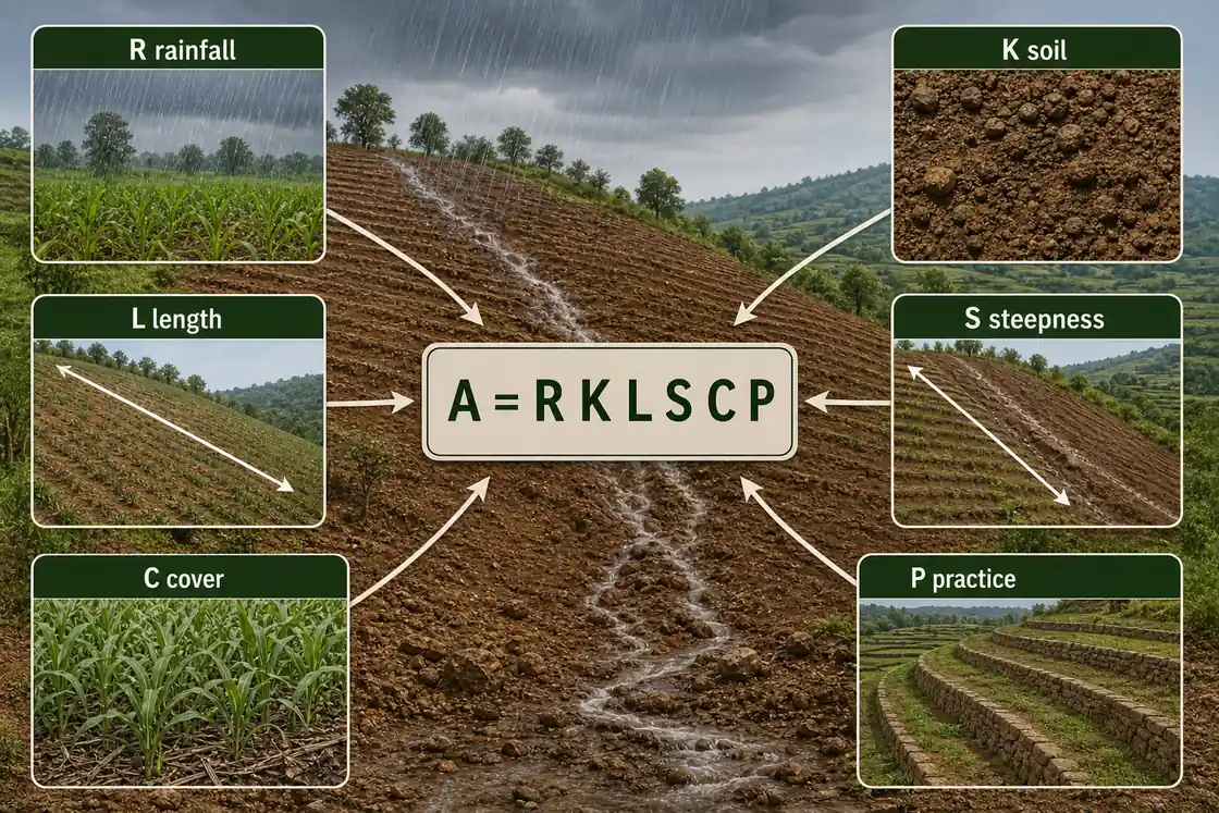 Universal Soil Loss Equation showing A equals R K L S C P with rainfall, soil, slope, cover, and conservation practice factors