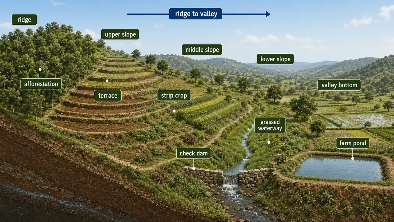 Watershed management from ridge to valley showing afforestation, terracing, strip cropping, grassed waterway, check dam, and farm pond