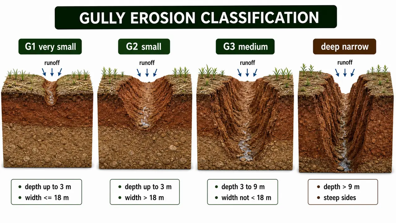 Gully erosion classification showing very small G1, small G2, medium G3, and deep narrow gullies with their depth and width ranges