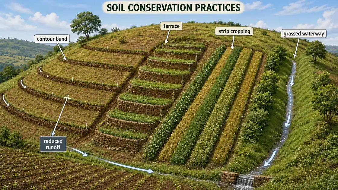 Soil conservation practices on sloping land showing contour bunds, terracing, strip cropping, and a grassed waterway