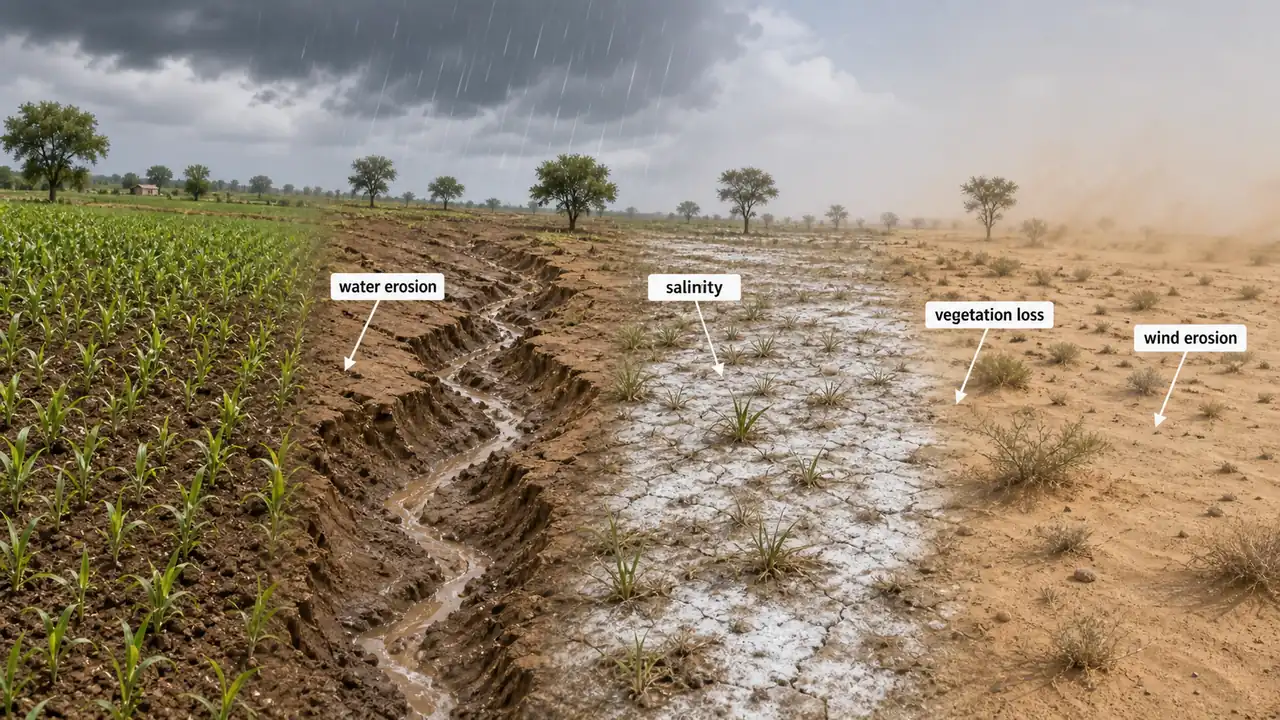 Land degradation sequence showing productive land turning into water-eroded, saline, vegetation-degraded, and wind-eroded terrain
