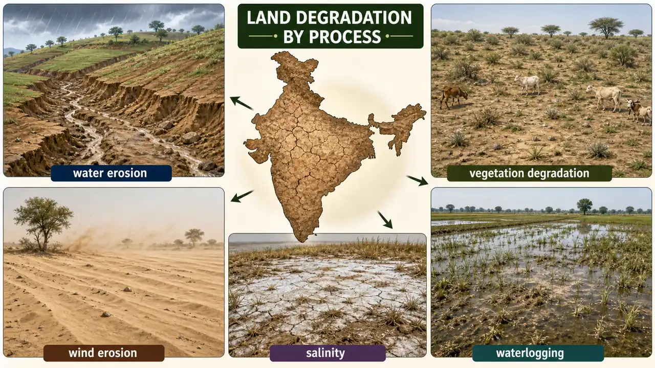 Land degradation processes showing water erosion, vegetation degradation, wind erosion, salinity, and waterlogging