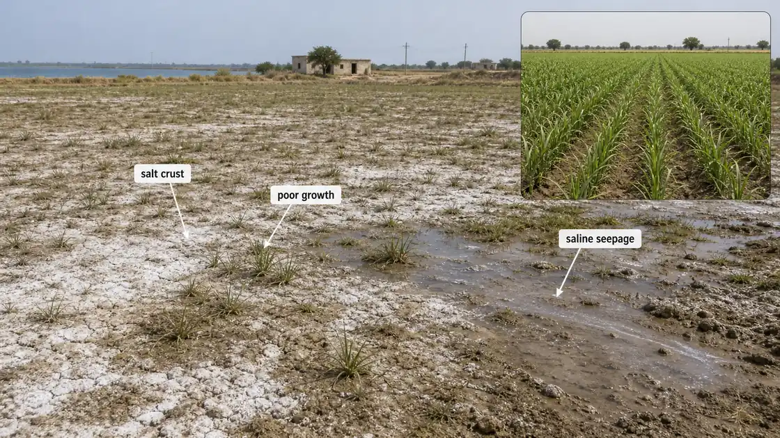 Salinity-affected field showing salt crust, saline seepage, and poor crop growth, with a healthy field inset for comparison
