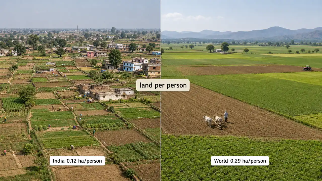 Comparison of fragmented small landholdings in India with a larger farm area per person in a global comparison