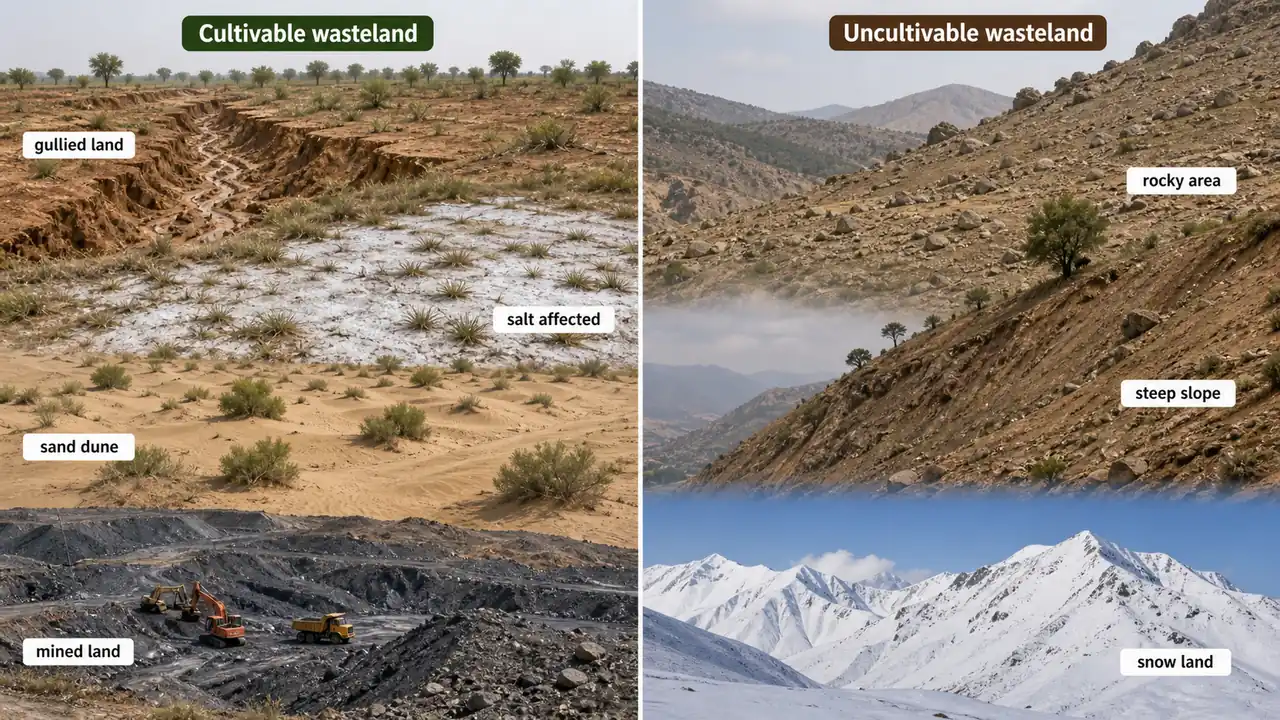 Comparison of cultivable wastelands such as gullied land, salt-affected land, sand dunes, and mined land with uncultivable rocky, steep, and snow-covered terrain