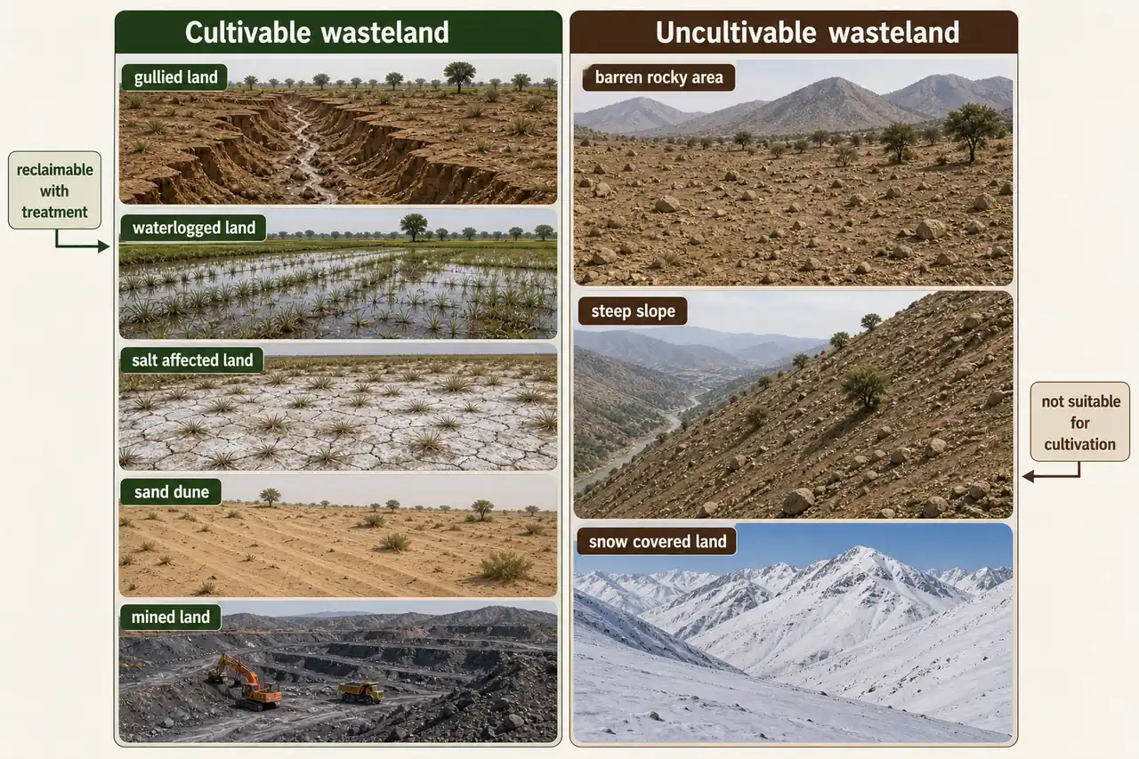 Wasteland classification in India comparing cultivable wastelands such as gullied, waterlogged, salt-affected, sand dune, and mined land with uncultivable barren rocky, steep, and snow-covered land