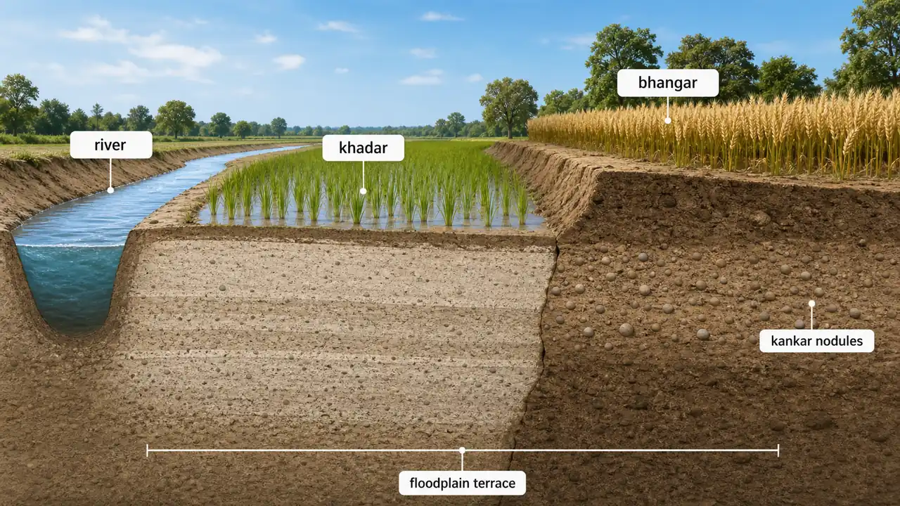 Alluvial soil comparison showing khadar on active floodplain and bhangar on older alluvial terrace