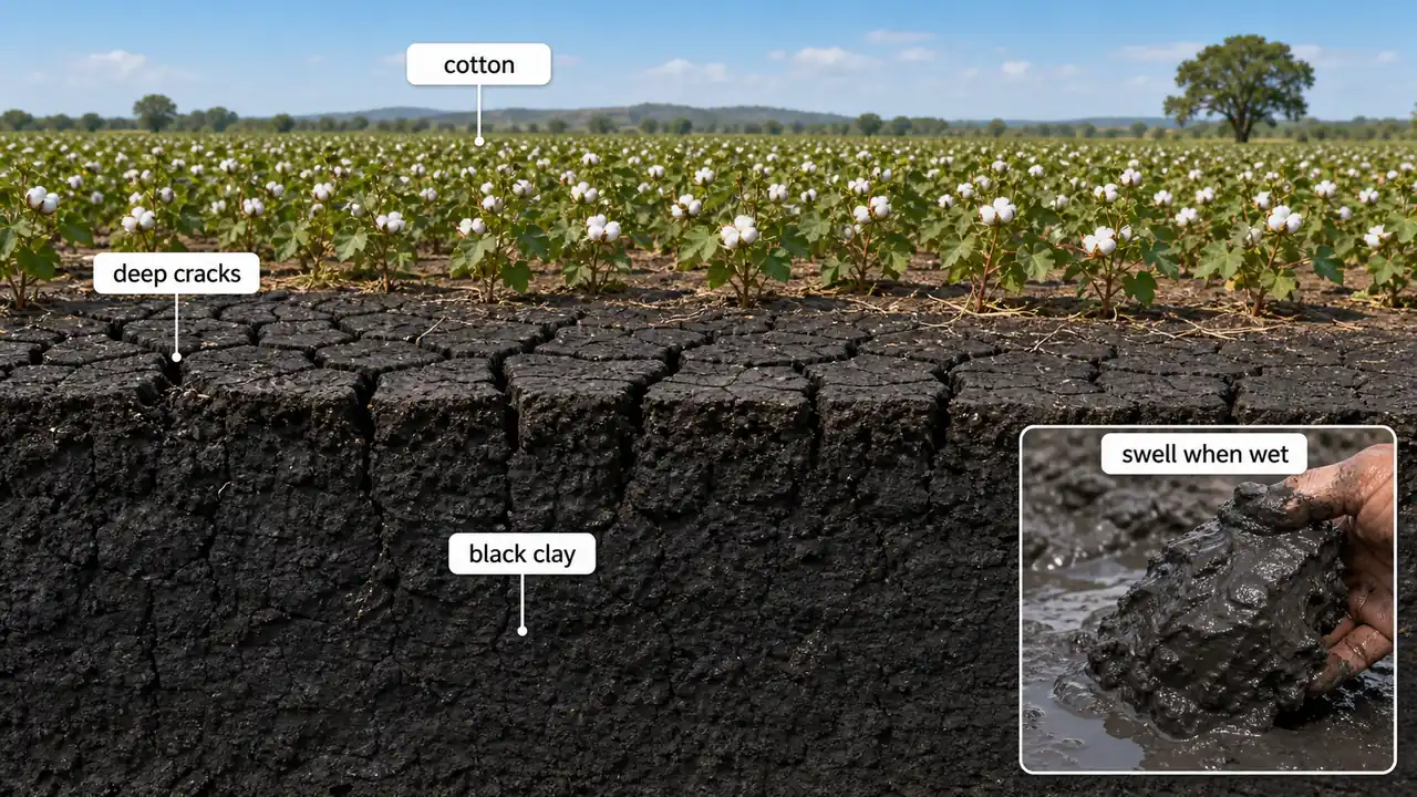 Black regur soil showing deep shrink cracks, dark clay profile, and cotton suitability