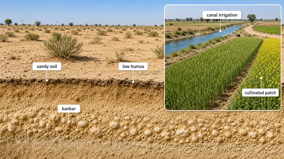 Desert arid soil showing sandy profile, kankar nodules, low humus, and canal irrigation-based cultivation