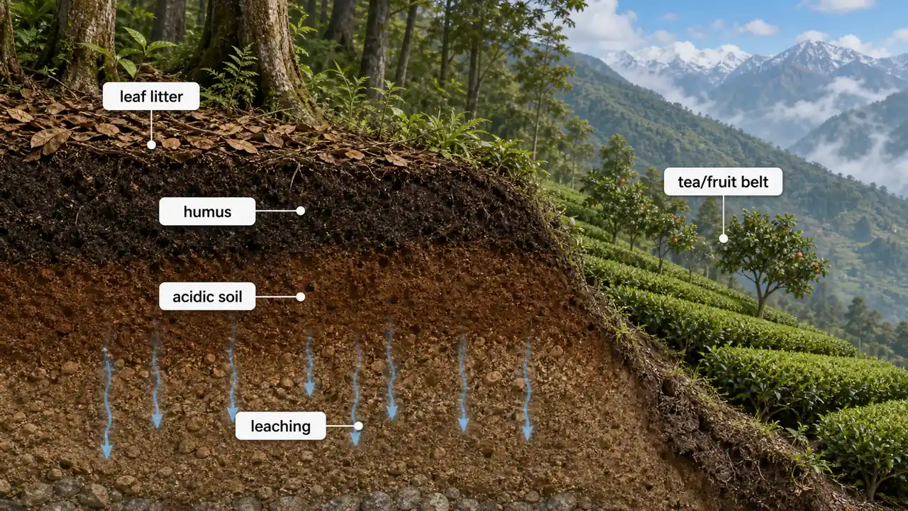 Forest and mountain soil showing humus-rich surface, leaching, and tea or fruit crop suitability on hill slopes