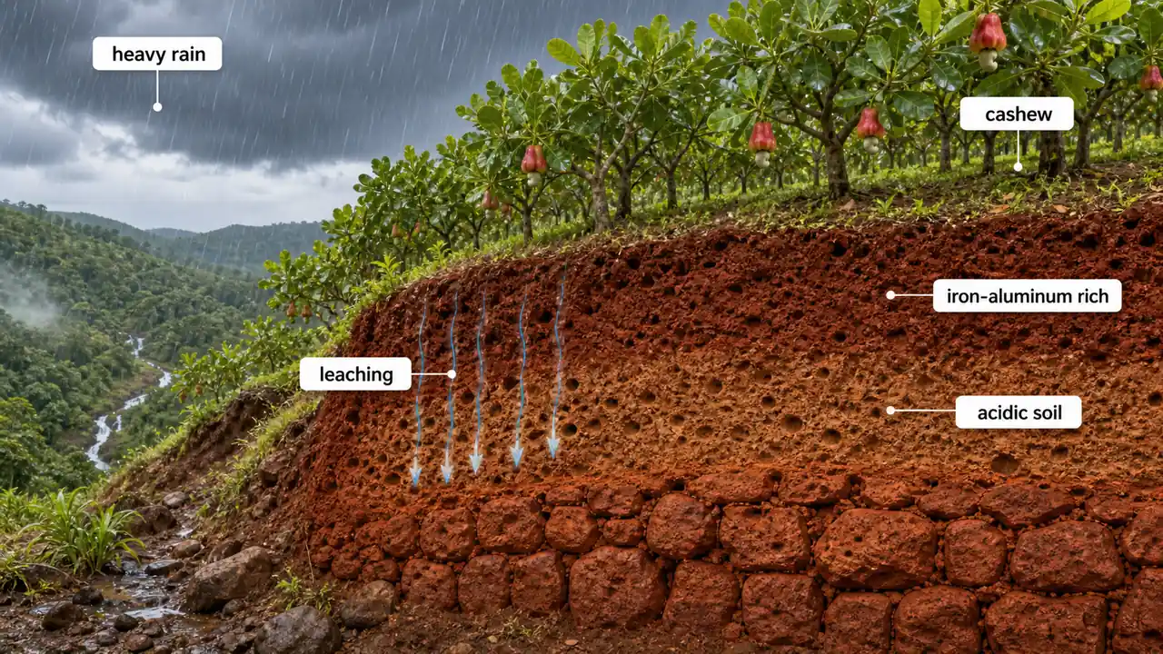 Laterite soil on a humid hillside showing heavy leaching, iron aluminium enrichment, and cashew plantation