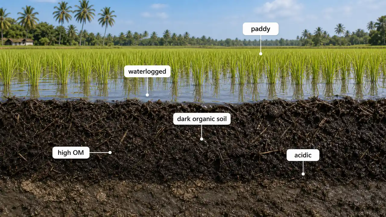 Peaty marshy soil with dark organic profile, waterlogging, and paddy cultivation